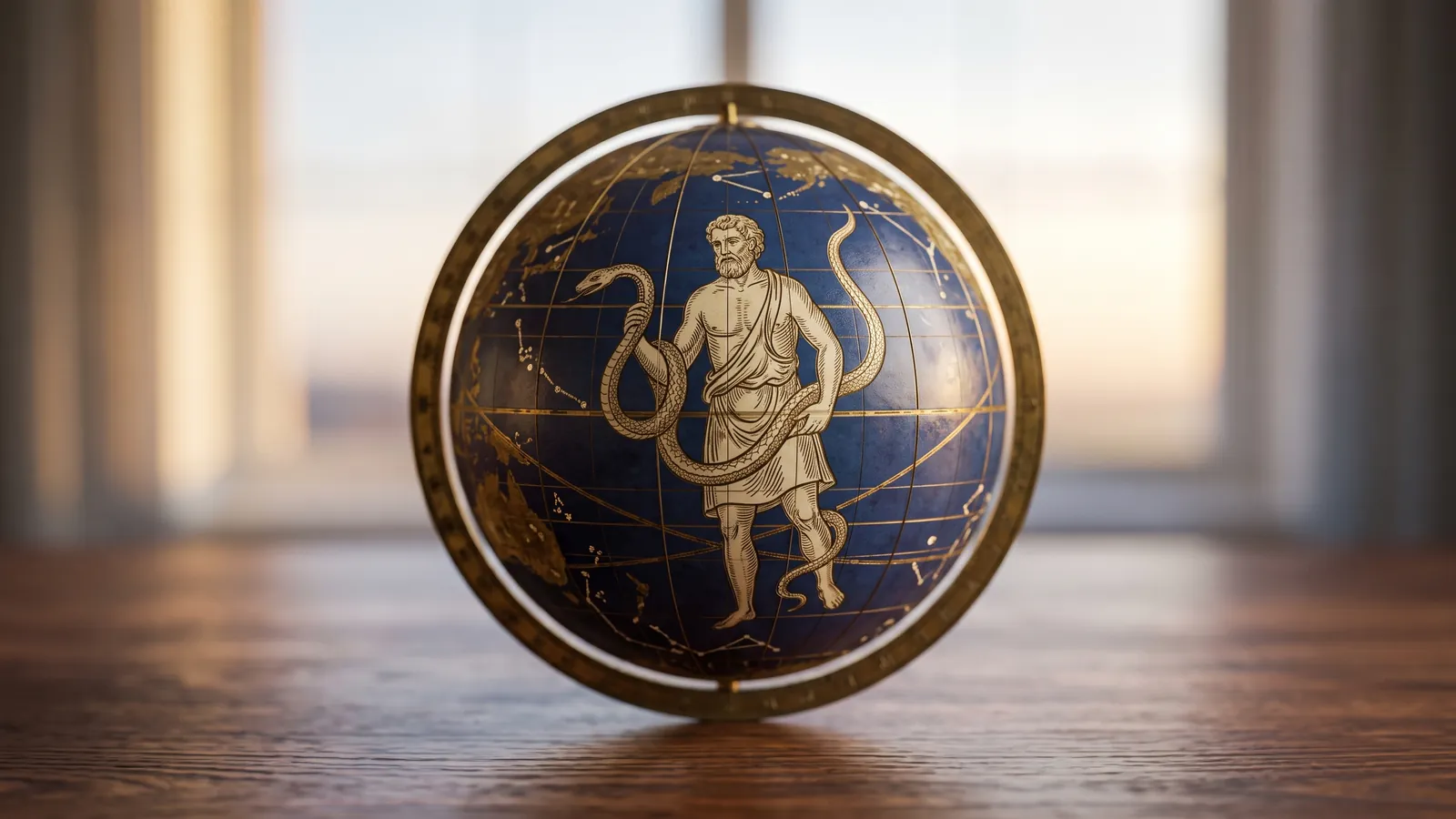 Sur un bureau, un globe céleste en laiton où l'on devine la figure d'un homme qui tient un serpent.