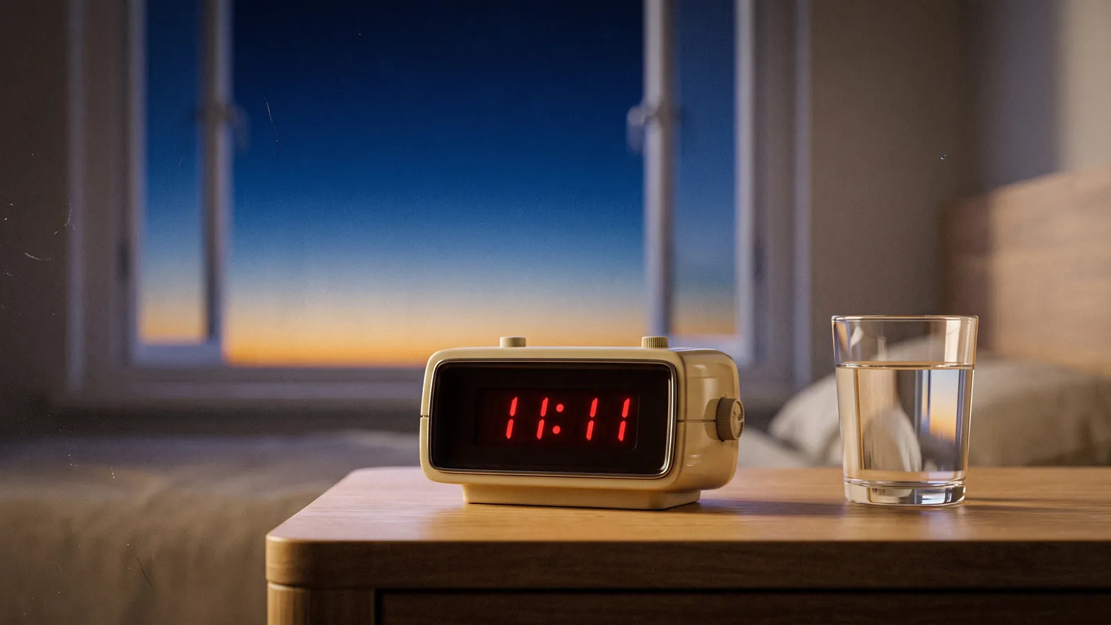 Un réveil de chevet en plastique crème affiche 11:11 en chiffres rouges sur une table de bois, à côté d'un verre d'eau, devant une fenêtre ouverte sur un ciel bleu profond et la dernière lueur orangée de l'horizon.