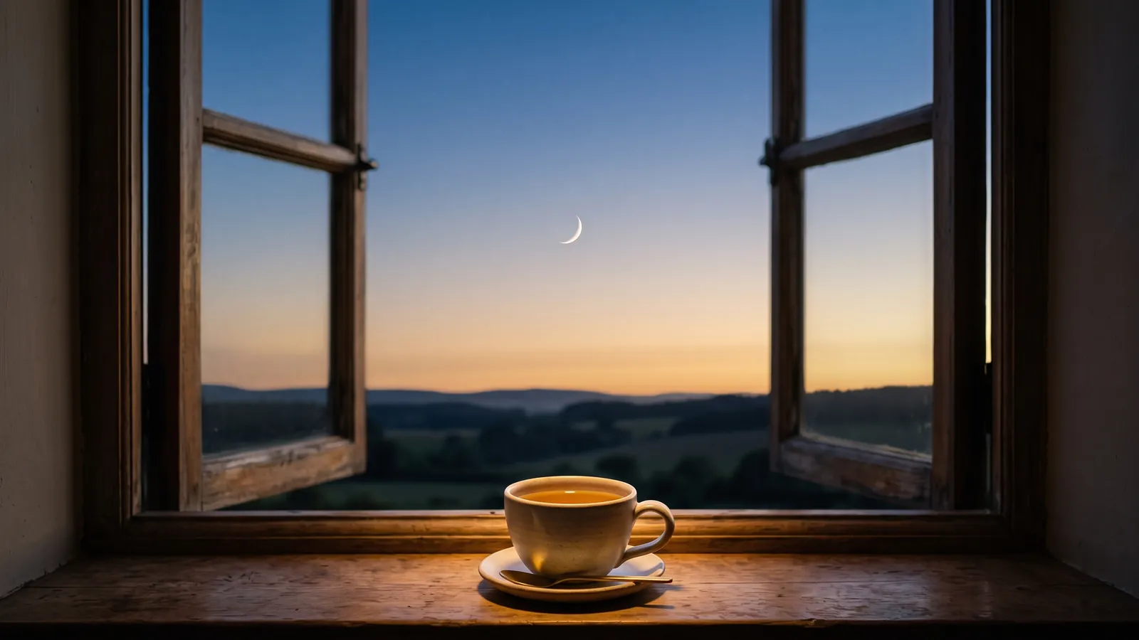 Un fin croissant de Lune dans un ciel de crépuscule, vu d'une fenêtre ouverte, une tasse posée sur le rebord.