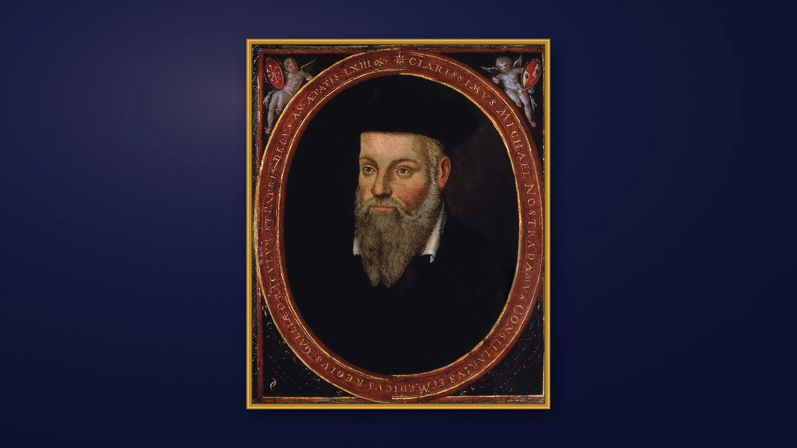 Portrait de Nostradamus, barbe blanche et bonnet noir, dans un médaillon ovale qui porte son nom en latin, peint par son fils vers 1610-1614.