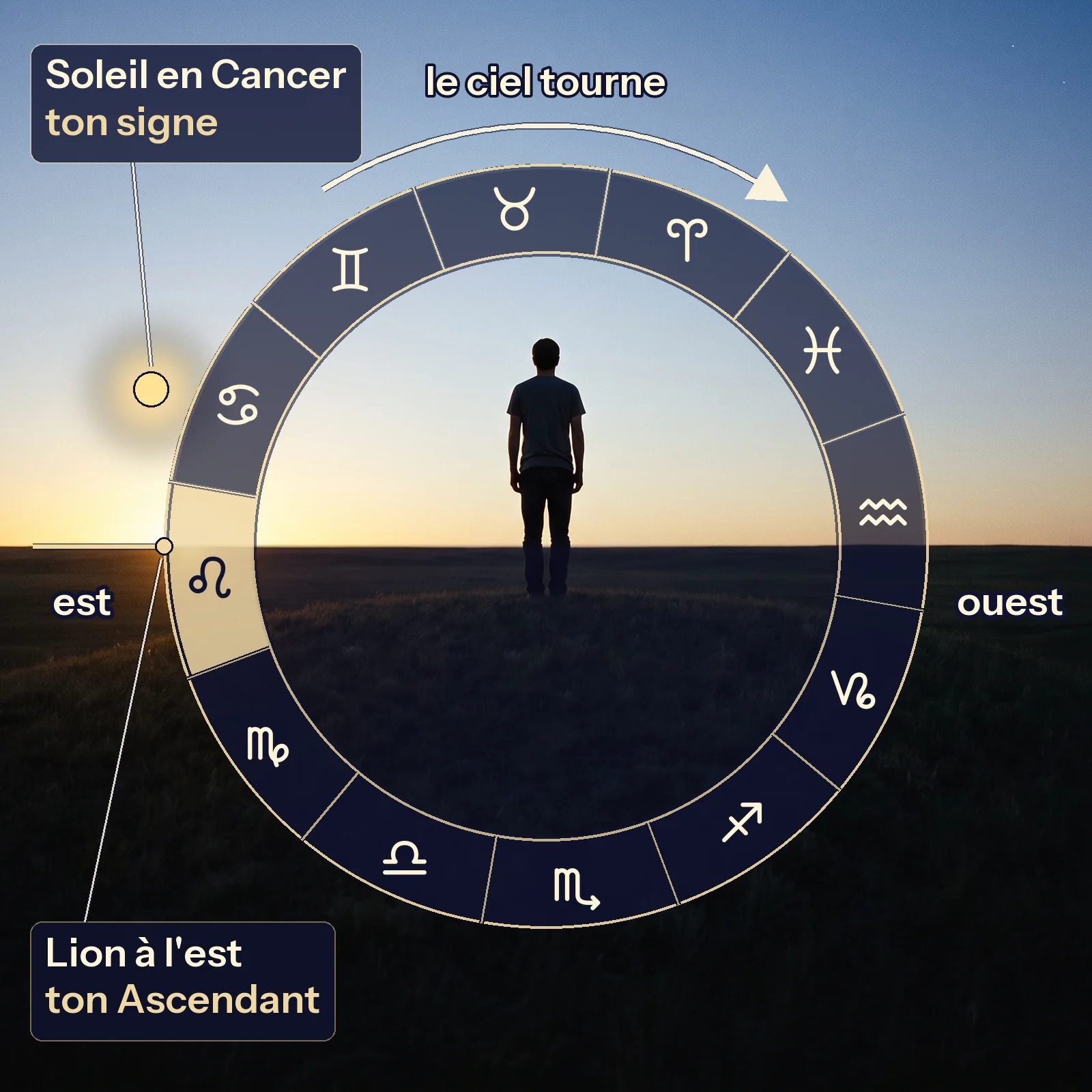 Une personne vue de dos, debout sur une colline face au sud, au centre du cercle des douze signes. L'horizon coupe le cercle en deux. À gauche, à l'est, le Lion passe l'horizon : c'est l'Ascendant. Un peu plus haut, le Soleil, en Cancer. Une flèche au-dessus du cercle montre que le ciel tourne dans le sens des aiguilles d'une montre.
